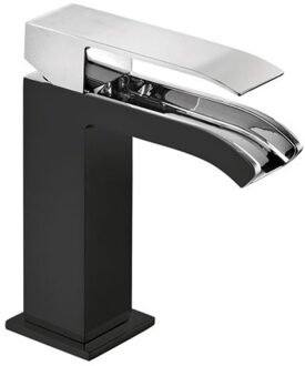 Tres Wastafelmengkraan Tres Cuadro Exclusive 1-Hendel Uitloop Gebogen 17 cm met Open Waterval Vierkant Chroom Zwart Tres