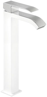 Tres Wastafelmengkraan Tres Cuadro Exclusive 1-Hendel Uitloop Gebogen Hoog 32 cm met Waterval Vierkant Chroom Wit