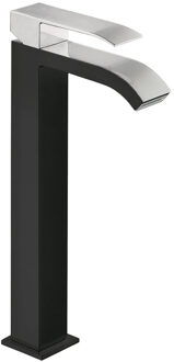 Tres Wastafelmengkraan Tres Cuadro Exclusive 1-Hendel Uitloop Gebogen Hoog 32 cm met Waterval Vierkant Chroom Zwart Tres