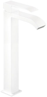 Tres Wastafelmengkraan Tres Cuadro Exclusive 1-Hendel Uitloop Gebogen Hoog 32 cm met Waterval Vierkant Mat Wit Mat wit