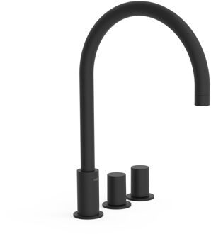 Tres Wastafelmengkraan Tres Study Exclusive 3-Gats Kraan Links met Draaiknoppen Uitloop Gebogen 21,5 cm Rond Mat Zwart