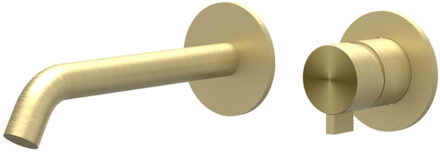 Tribe Wastafelmengkraan - 2-gats - met inbouwdeel - wandmontage - gebogen uitloop - coldstart - RVS316 - geborsteld mat goud PVD 6100392/6199001 Goud geborsteld