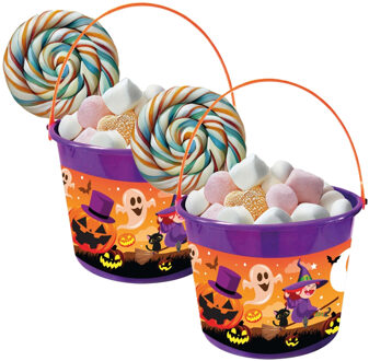 Trick or treat snoep emmertje - 2x - heksen thema - paars - 18 x 16 cm - Halloween snoepjes ophalen