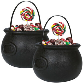Trick or treat snoep emmertje - 2x - heksenketel - zwart - 16 x 20 cm - Halloween snoepjes ophalen