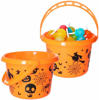Trick or treat snoep emmertje - 2x - horror thema - oranje - 18 x 16 cm - Halloween snoepjes ophalen