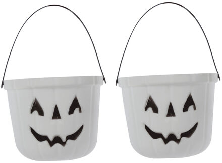 Trick or treat snoep emmertje - 2x - pompoen - glow in the dark - D20 cm - Halloween snoepjes emmer