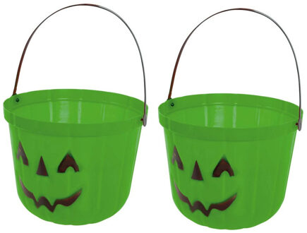 Trick or treat snoep emmertje - 2x - pompoen - groen - D20 cm - Halloween snoepjes emmer