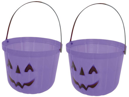 Trick or treat snoep emmertje - 2x - pompoen - paars - D20 cm - Halloween snoepjes emmer