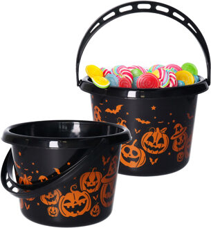 Trick or treat snoep emmertje - 2x - pompoen thema - zwart - 18 x 16 cm - Halloween snoepjes ophalen