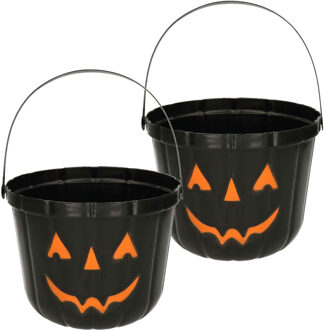 Trick or treat snoep emmertje - 2x - pompoen - zwart - D20 cm - Halloween snoepjes emmer