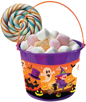 Trick or treat snoep emmertje - heksen thema - paars - 18 x 16 cm - Halloween snoepjes ophalen