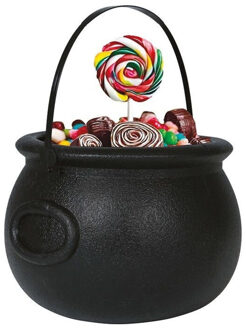 Trick or treat snoep emmertje - heksenketel - zwart - 16 x 20 cm - Halloween snoepjes ophalen