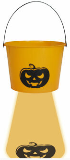 Trick or treat snoep emmertje - pompoen - met verlichting - 18 x 15 cm - Halloween snoepjes ophalen Oranje