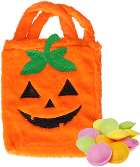 Trick or treat snoeptas - pompoen - oranje - 19 x 23 cm - Feestdecoratievoorwerp