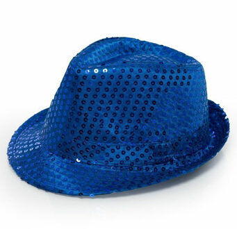 Trilby hoed met pailletten - blauw - polyester - glitter