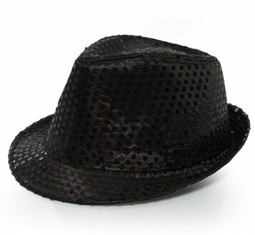 Trilby hoed met pailletten - zwart - polyester - glitter - Verkleedhoofddeksels