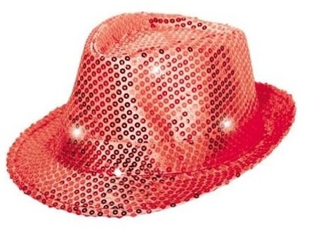 Trilby Hoed - One Size - Volwassenen Pailletten Rood - LED