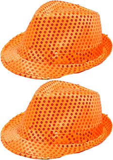 Trilby verkleed hoed met pailletten - 2x - oranje - glitters - volwassenen - Koningsdag