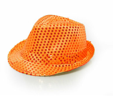 Trilby verkleed hoed met pailletten - oranje - glitters - volwassenen - Koningsdag - Verkleedhoofddeksels