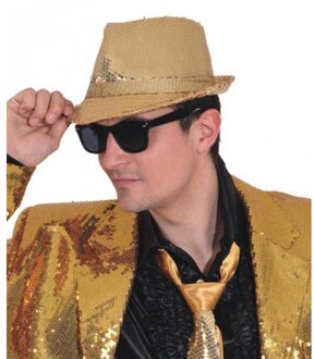 Trilby verkleed hoedje gouden pailletten - Verkleedhoofddeksels Goudkleurig