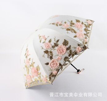 Triple Fold Dubbele Geborduurde Paraplu Uv-bescherming Paraplu Parasol Kant Geborduurde Paraplu Zowel Zonnige En Regenachtige abrikoos geel