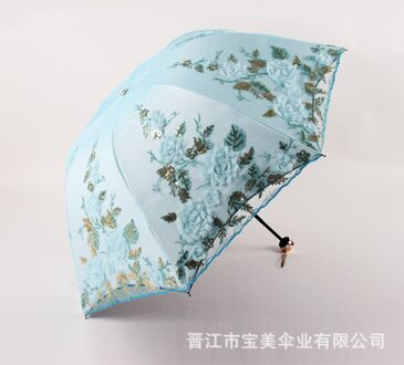 Triple Fold Dubbele Geborduurde Paraplu Uv-bescherming Paraplu Parasol Kant Geborduurde Paraplu Zowel Zonnige En Regenachtige blauw