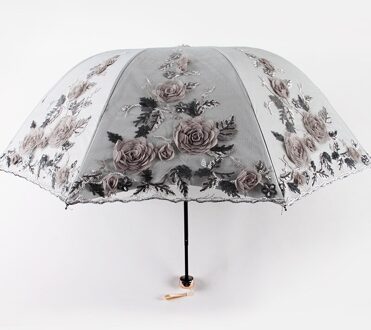 Triple Fold Dubbele Geborduurde Paraplu Uv-bescherming Paraplu Parasol Kant Geborduurde Paraplu Zowel Zonnige En Regenachtige grijs