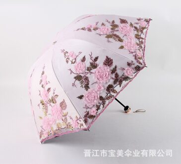 Triple Fold Dubbele Geborduurde Paraplu Uv-bescherming Paraplu Parasol Kant Geborduurde Paraplu Zowel Zonnige En Regenachtige roze