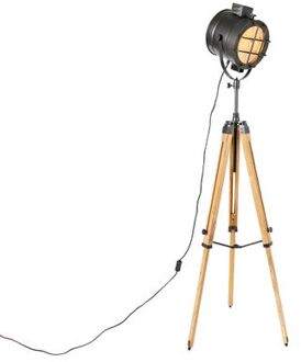 Tripod studiospot vloerlamp zwart met hout - Shiny