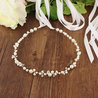 Trixy SH03-S Parels Bruids Riem Trouwjurk Accessoire Parels Huwelijk Bruids Sjerp Trouwjurk Decoratie Zilveren Bruids Riem uit-wit lint