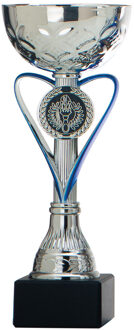 Trofee/prijs beker - zilver - blauw hart - luxe beker - kunststof - 20 x 8 cm - sportprijs - Fopartikelen Zilverkleurig