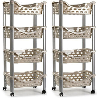 trolley - 2x - keukentrolley op wieltjes - 4-laags - beige - kunststof - 40 x 88 cm