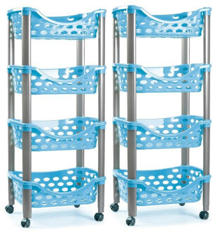 trolley - 2x - keukentrolley op wieltjes - 4-laags - blauw - kunststof - 40 x 88 cm
