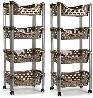 trolley - 2x - keukentrolley op wieltjes - 4-laags - bruin - kunststof - 40 x 88 cm