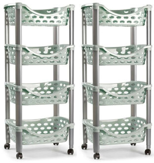 trolley - 2x - keukentrolley op wieltjes - 4-laags - groen - kunststof - 40 x 88 cm