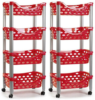 trolley - 2x - keukentrolley op wieltjes - 4-laags - rood - kunststof - 40 x 88 cm