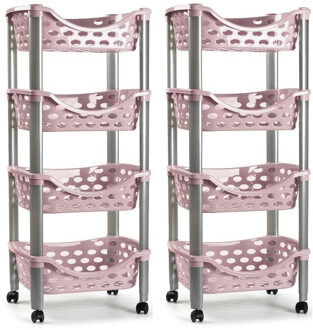 trolley - 2x - keukentrolley op wieltjes - 4-laags - roze - kunststof - 40 x 88 cm