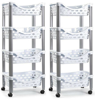 trolley - 2x - keukentrolley op wieltjes - 4-laags - wit - kunststof - 40 x 88 cm