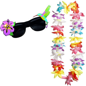 Tropical Hawaii party verkleed accessoires set - zomer thema zonnebril - bloemenkrans LED lampjes