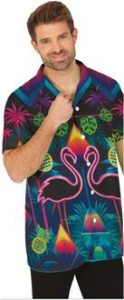 Tropical party Hawaii blouse heren - flamingo - neon roze - carnaval/themafeest L