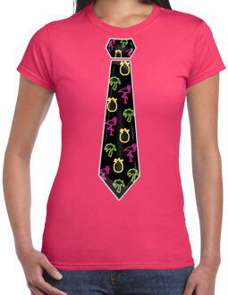 Tropical party shirt dames - stropdas - roze - neon - carnaval - themafeest M