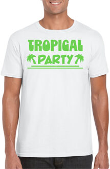 Tropical party T-shirt heren - met glitters - wit/groen - carnaval/themafeest XS