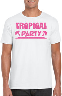Tropical party T-shirt heren - met glitters - wit/roze - carnaval/themafeest S