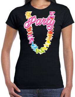 Tropical party T-shirt voor dames - bloemenkrans - zwart - carnaval/themafeest XL