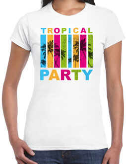 Tropical party T-shirt voor dames - palmbomen - wit - carnaval/themafeest XS