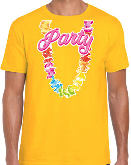 Tropical party T-shirt voor heren - bloemenkrans - geel - carnaval/themafeest S