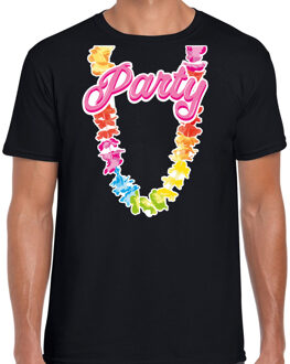 Tropical party T-shirt voor heren - bloemenkrans - zwart - carnaval/themafeest S