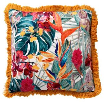 TROPICANA - Kussenhoes velvet 45x45 cm - Golden Glow - geel - bloemenpatroon - franjes