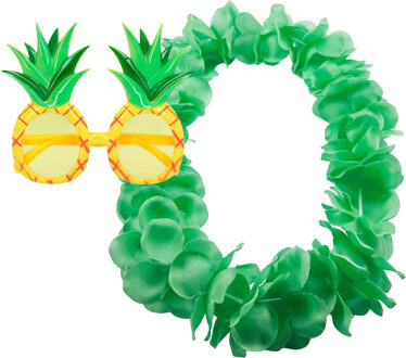 Tropische Hawaii party verkleed accessoires set - Ananas zonnebril - bloemenkrans fluor groen