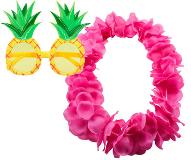 Tropische Hawaii party verkleed accessoires set - Ananas zonnebril - bloemenkrans fuchsia roze